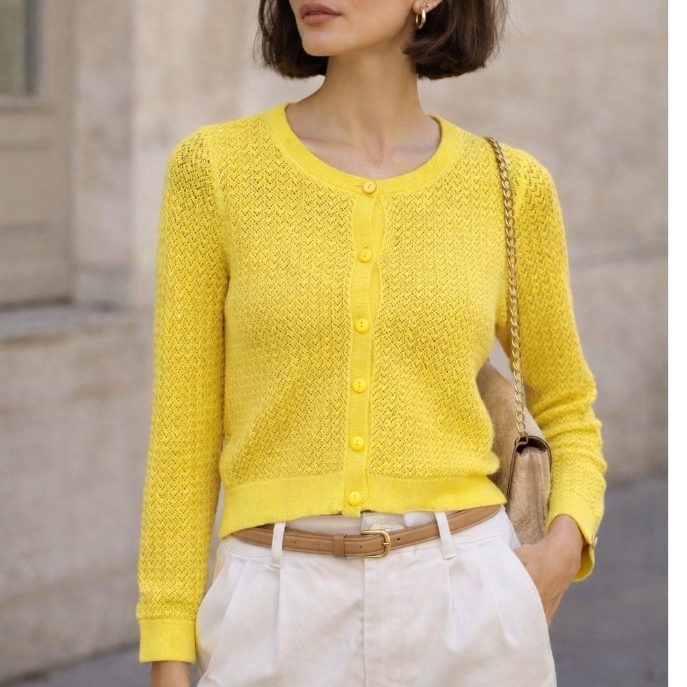 Bonpoint Womens XS NWT Cardigan‎ Sweater Canary Yellow Pointelle Crochet Luxury